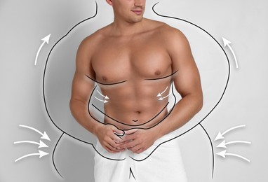 Image of Athletic man after weight loss on light background, closeup view