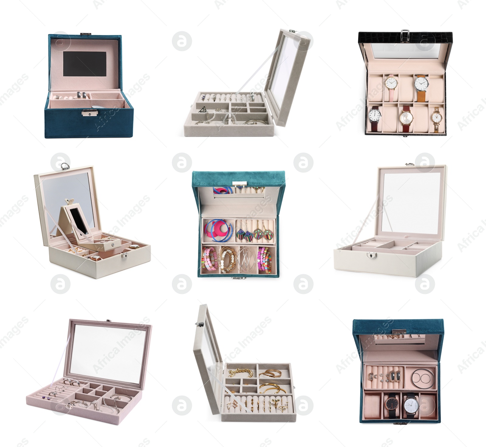 Image of Set with different jewelry boxes isolated on white