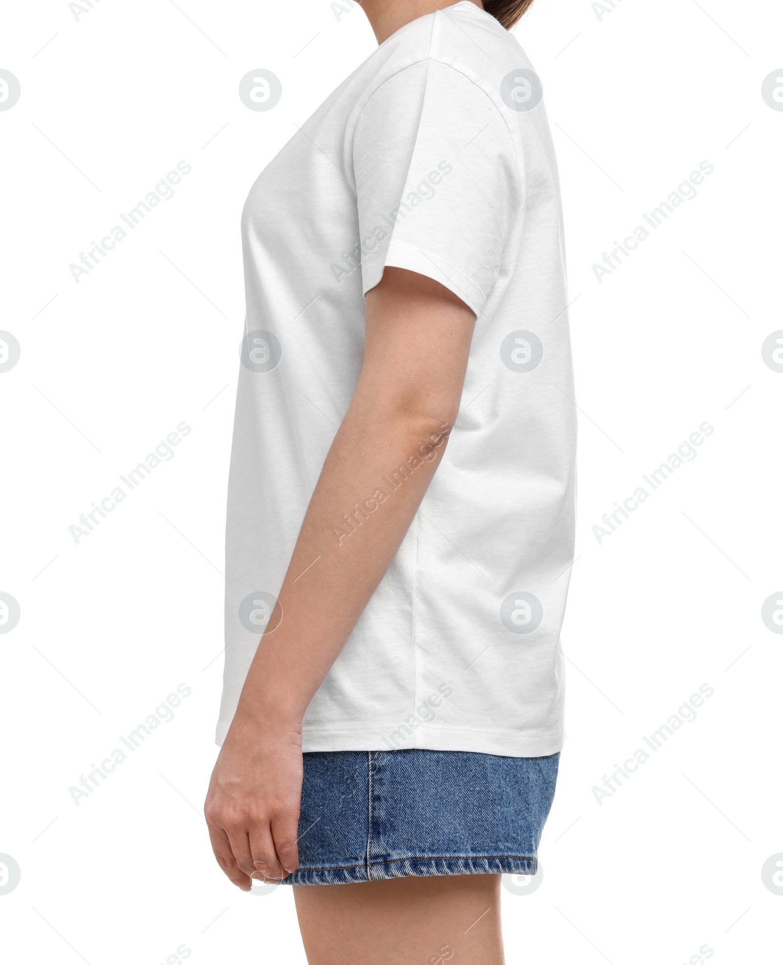 Photo of Woman in stylish t-shirt on white background, closeup