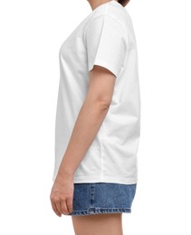 Photo of Woman in stylish t-shirt on white background, closeup