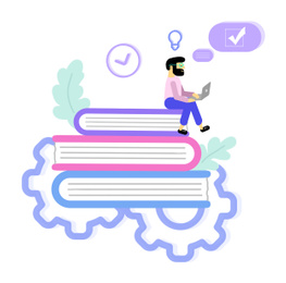 Man with laptop sitting on books. Student passing online exam. Flat illustration