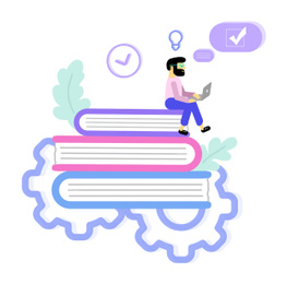 Illustration of Man with laptop sitting on books. Student passing online exam. Flat illustration