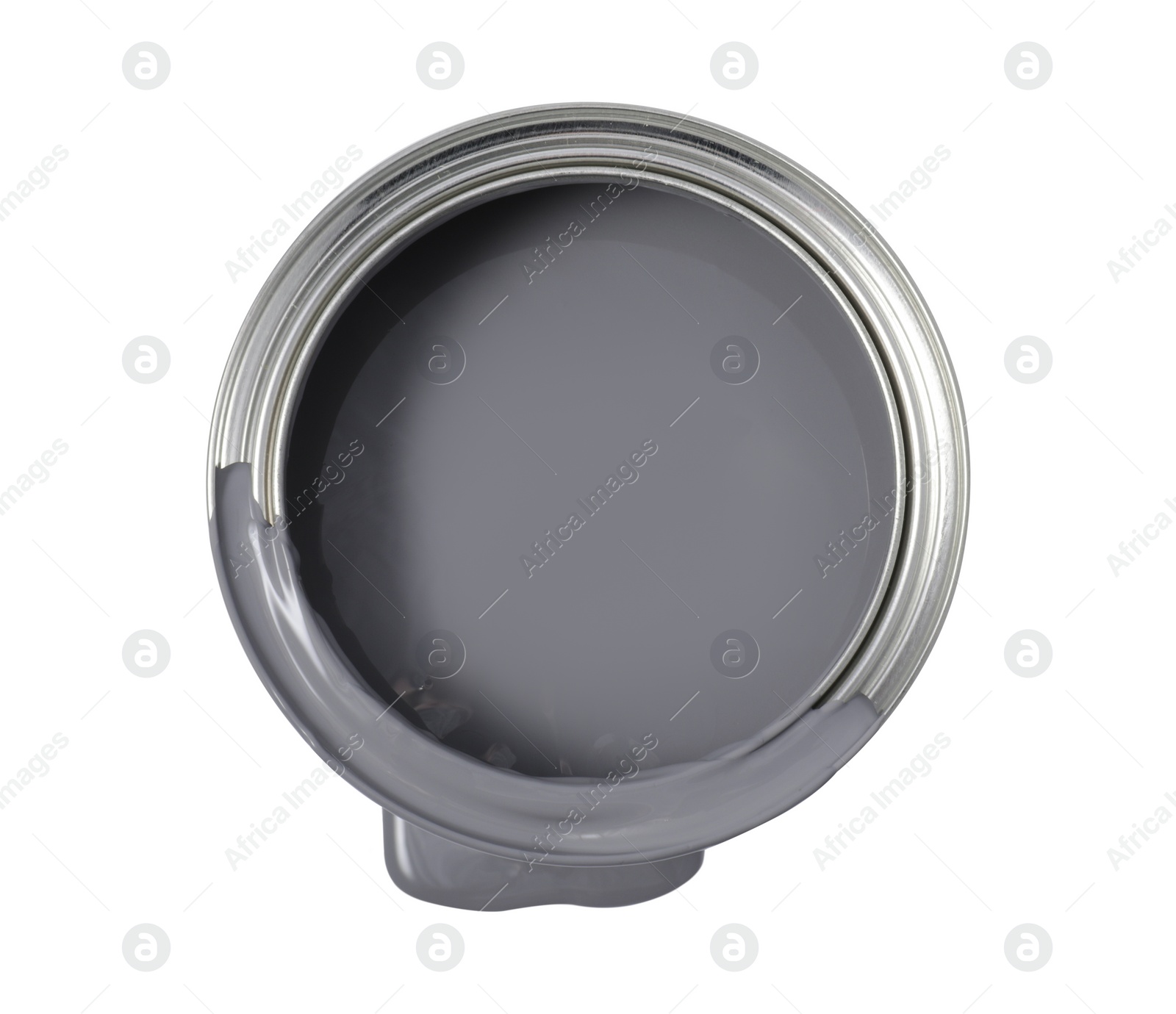 Photo of Can of grey paint isolated on white, top view