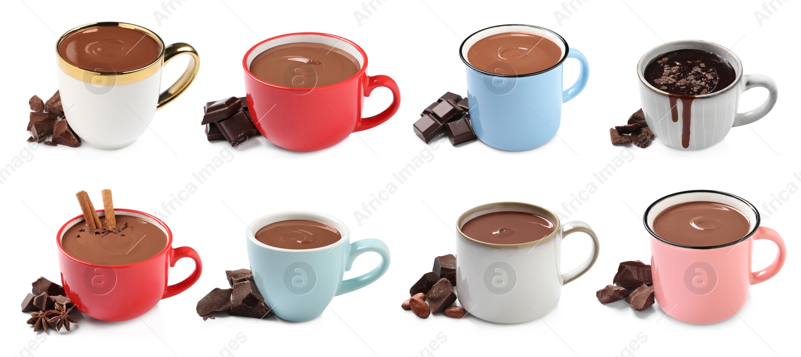 Image of Delicious hot chocolate in cups isolated on white, set