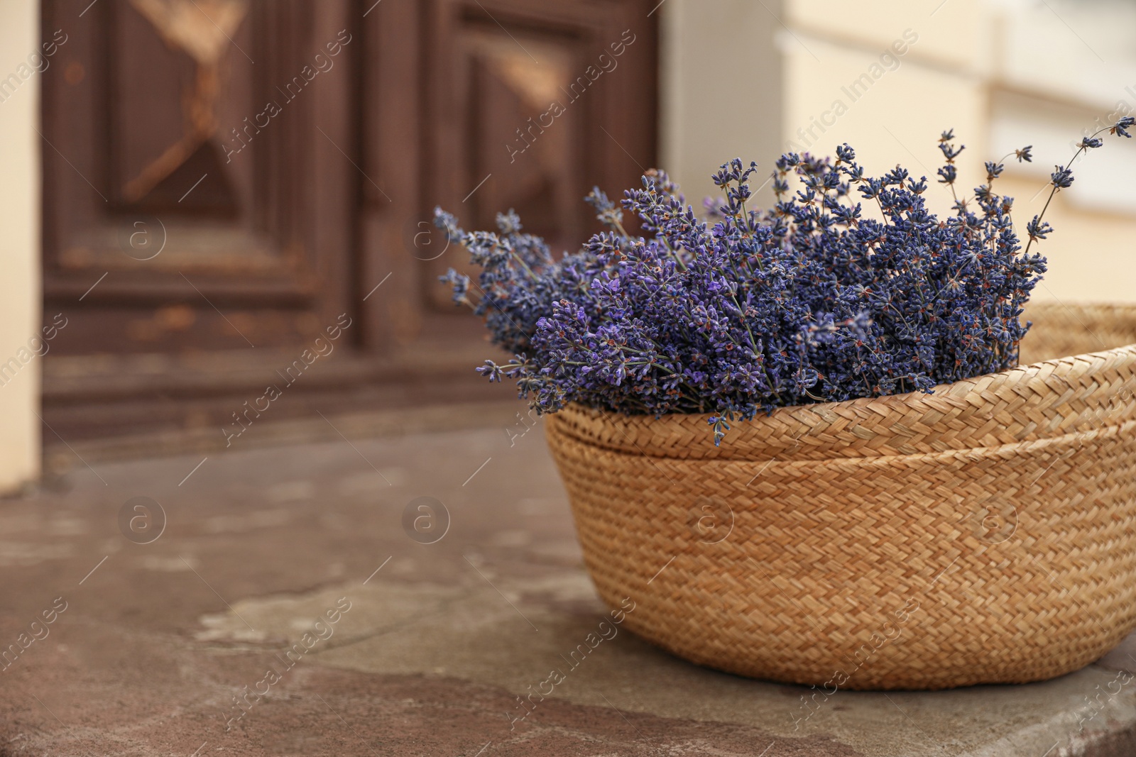 Photo of Wicker basket with lavender flowers on cement floor outdoors. Space for text