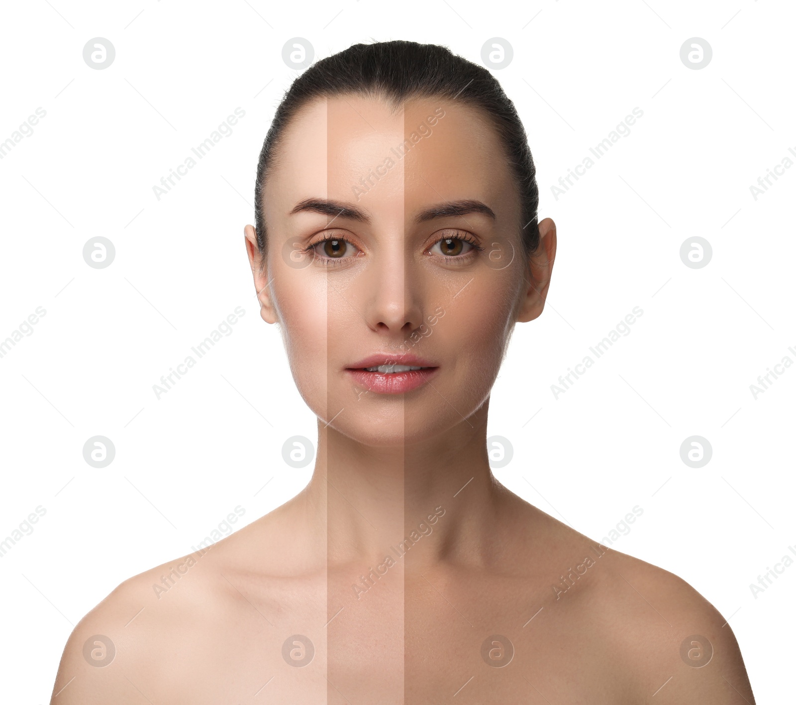 Image of Solarium tan. Combined portrait of woman with different skin tones on white background