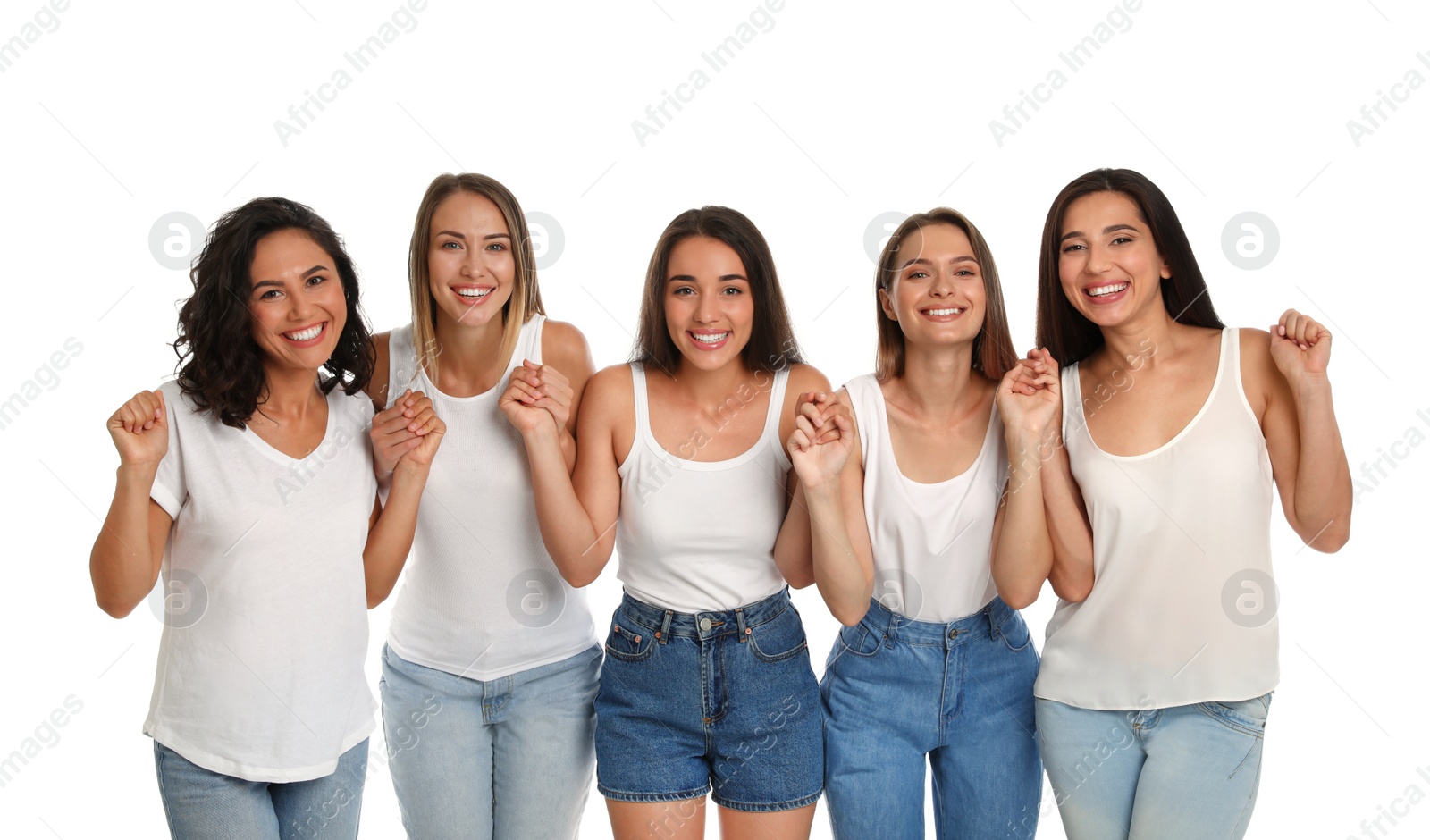 Photo of Happy women holding hands on white background. Girl power concept