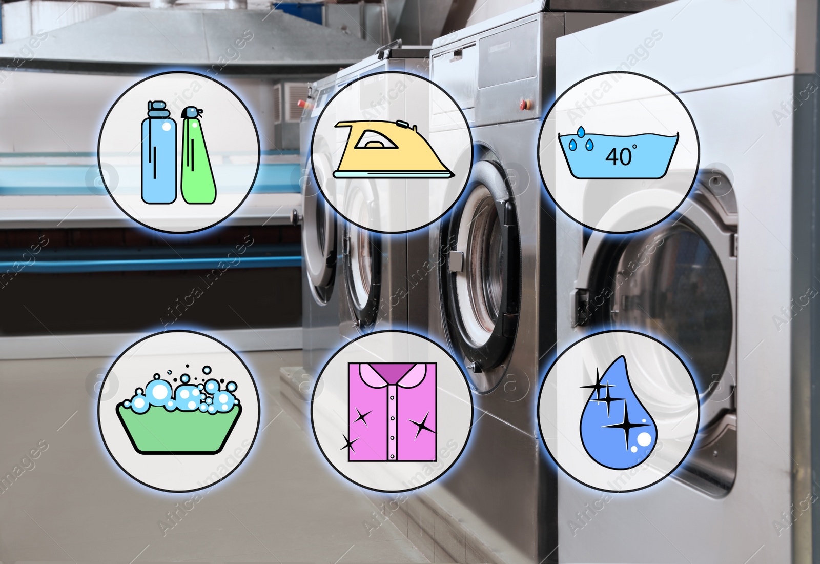 Image of Different icons and laundry equipment at dry-cleaner's