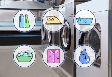 Different icons and laundry equipment at dry-cleaner's