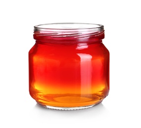 Photo of Jar with tasty jelly on white background