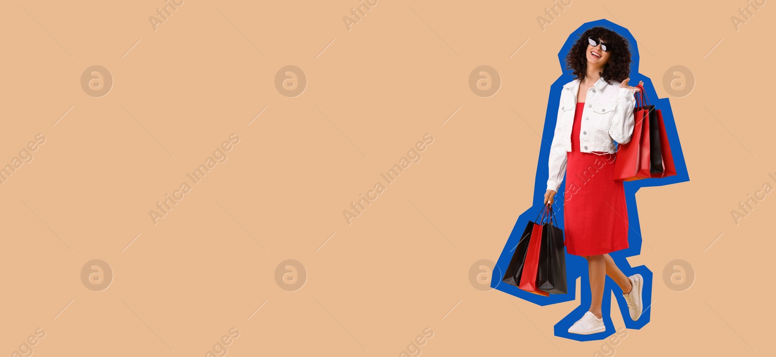 Image of Happy woman with shopping bags on beige background, space for text. Banner design