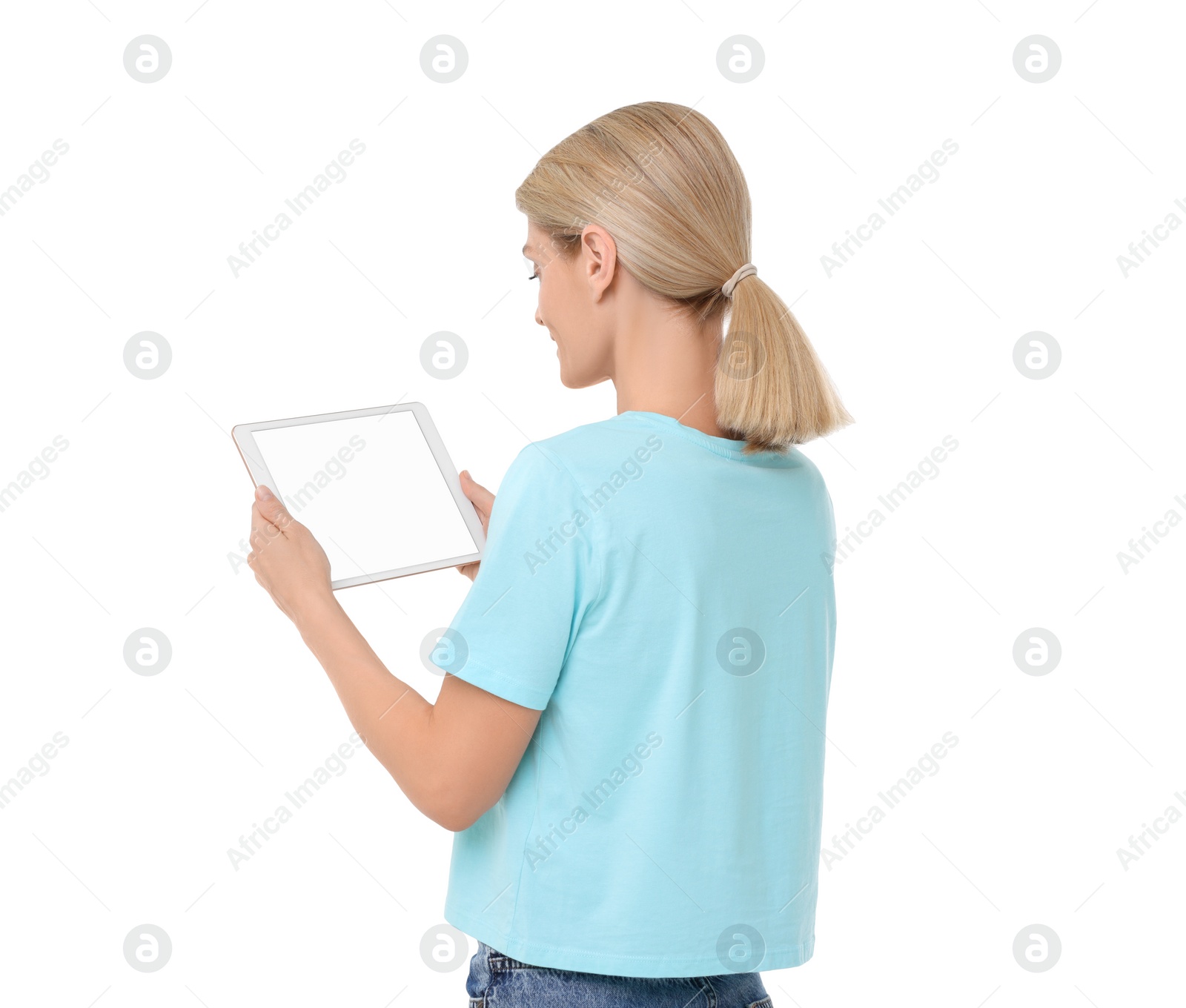 Photo of Woman holding tablet with blank screen on white background