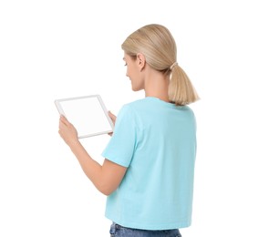 Photo of Woman holding tablet with blank screen on white background