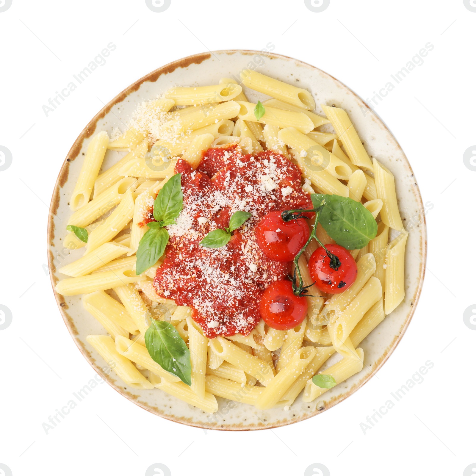 Photo of Tasty pasta with tomato sauce, cheese and basil isolated on white, top view