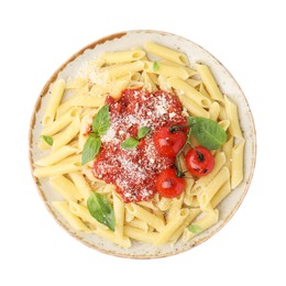 Photo of Tasty pasta with tomato sauce, cheese and basil isolated on white, top view