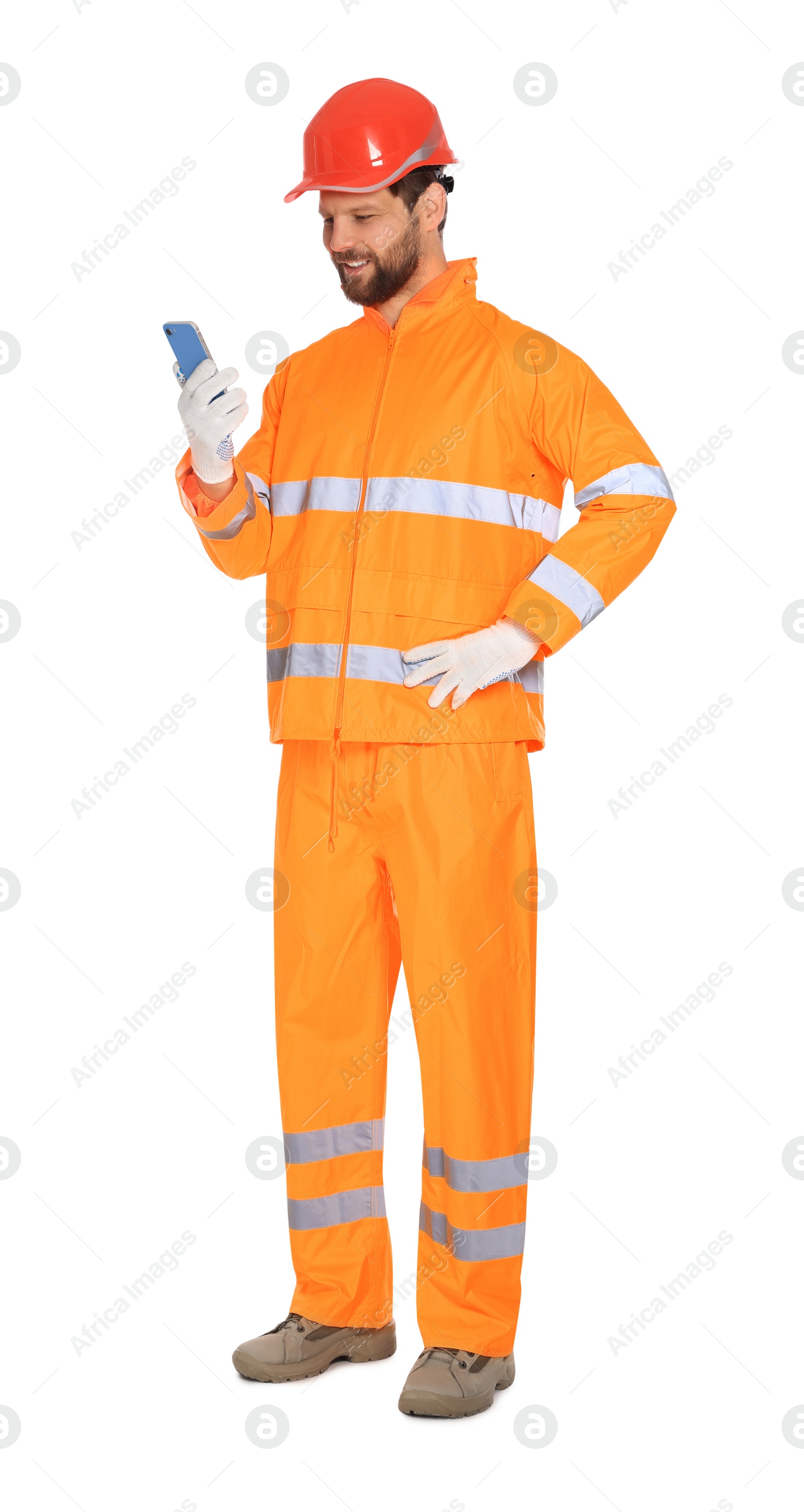 Photo of Man in reflective uniform with smartphone on white background