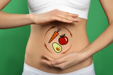 Healthy digestion. Woman showing circular arrows with illustration of different products on her belly against green background, closeup