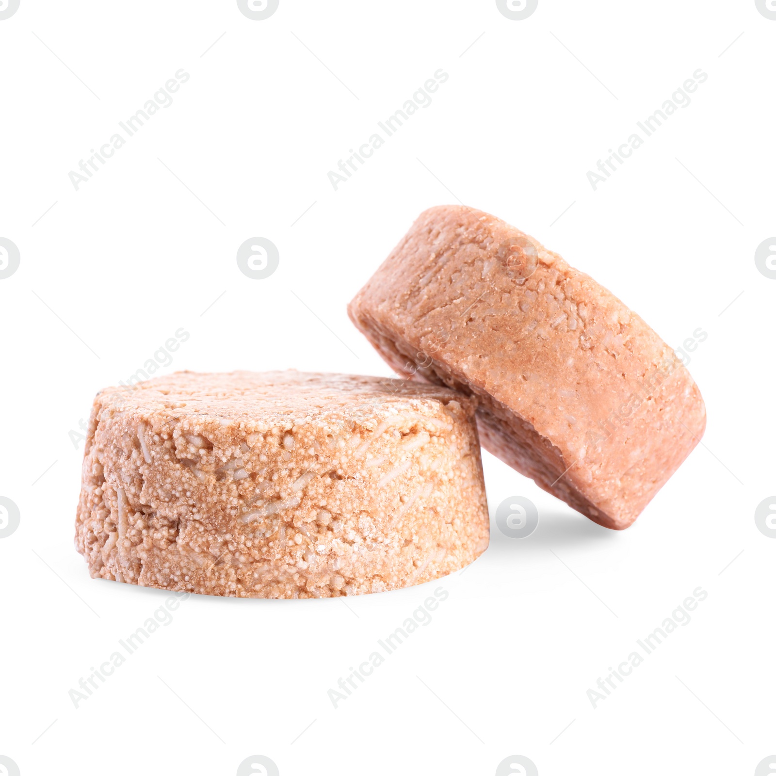 Photo of Solid shampoo bars on white background. Hair care