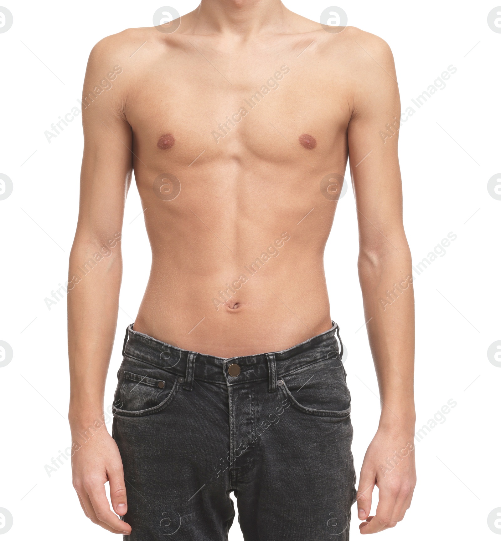 Photo of Shirtless man with slim body isolated on white, closeup