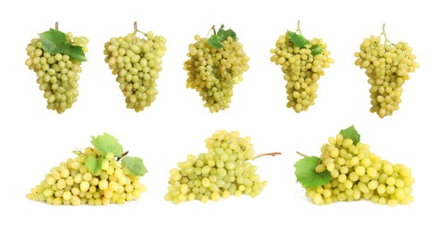 Image of Set with fresh ripe grapes on white background