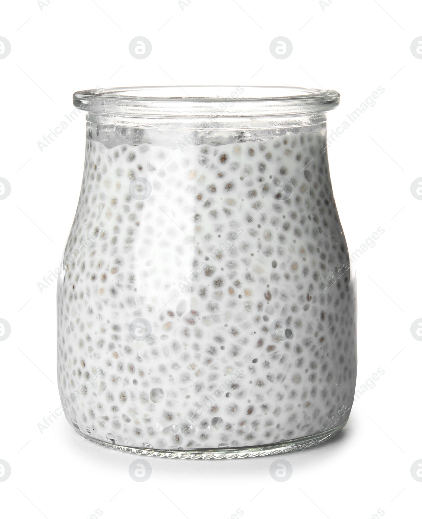 Photo of Jar of tasty chia seed pudding isolated on white