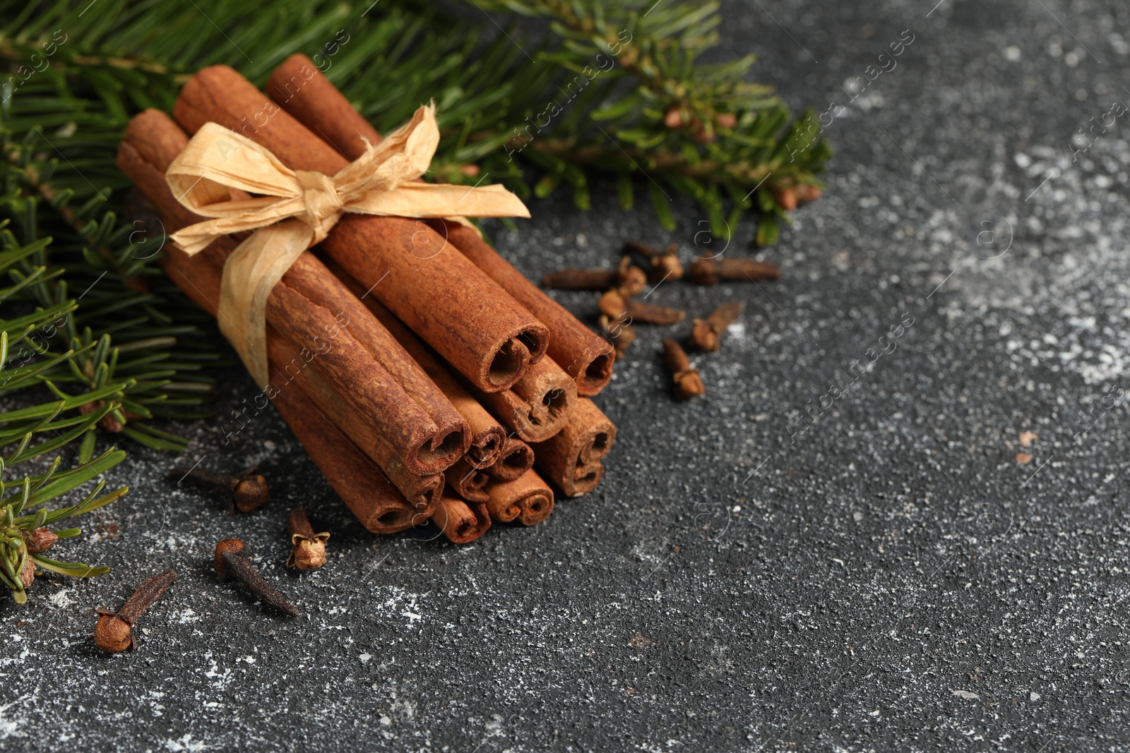 Photo of Different spices. Aromatic cinnamon sticks, clove seeds and fir branches on dark gray textured table, closeup. Space for text