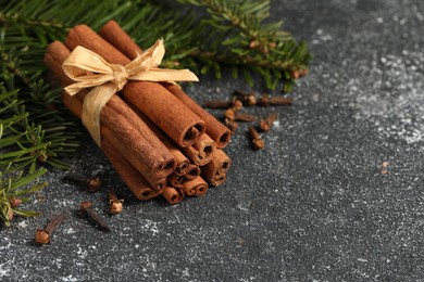 Photo of Different spices. Aromatic cinnamon sticks, clove seeds and fir branches on dark gray textured table, closeup. Space for text