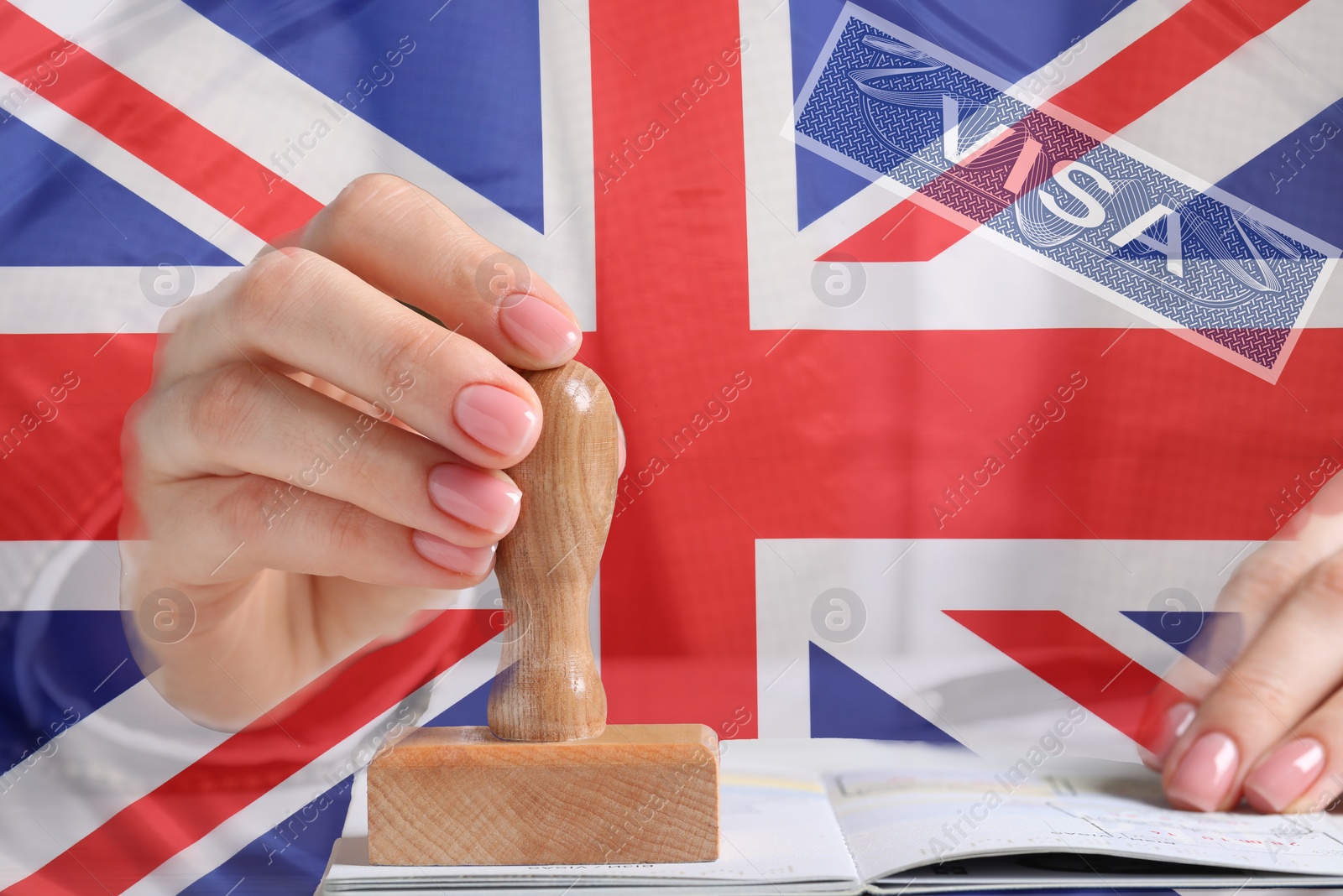Image of Multiple exposure with woman stamping visa page in passport and flag of Great Britain, closeup
