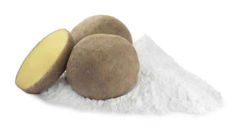 Photo of Pile of starch and fresh raw potatoes on white background