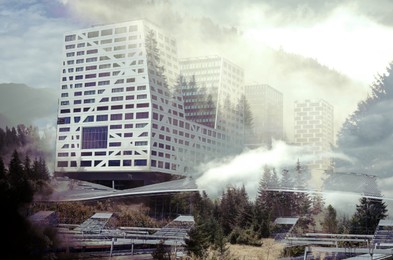 Image of Double exposure of natural scenery and cityscape with buildings