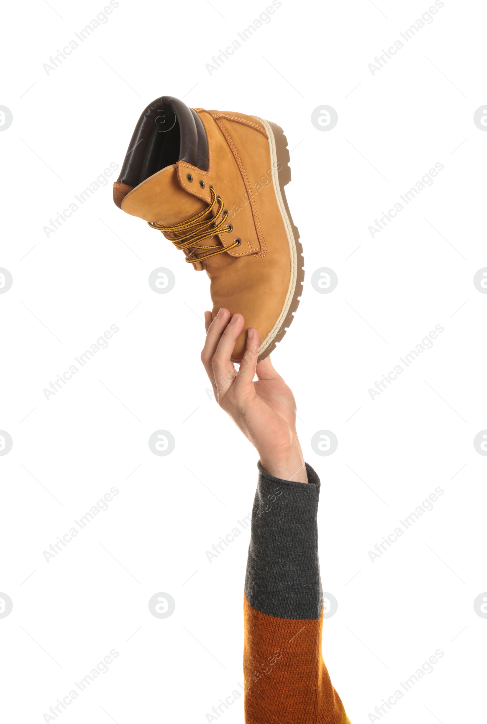 Photo of Man holding stylish shoe on white background, closeup