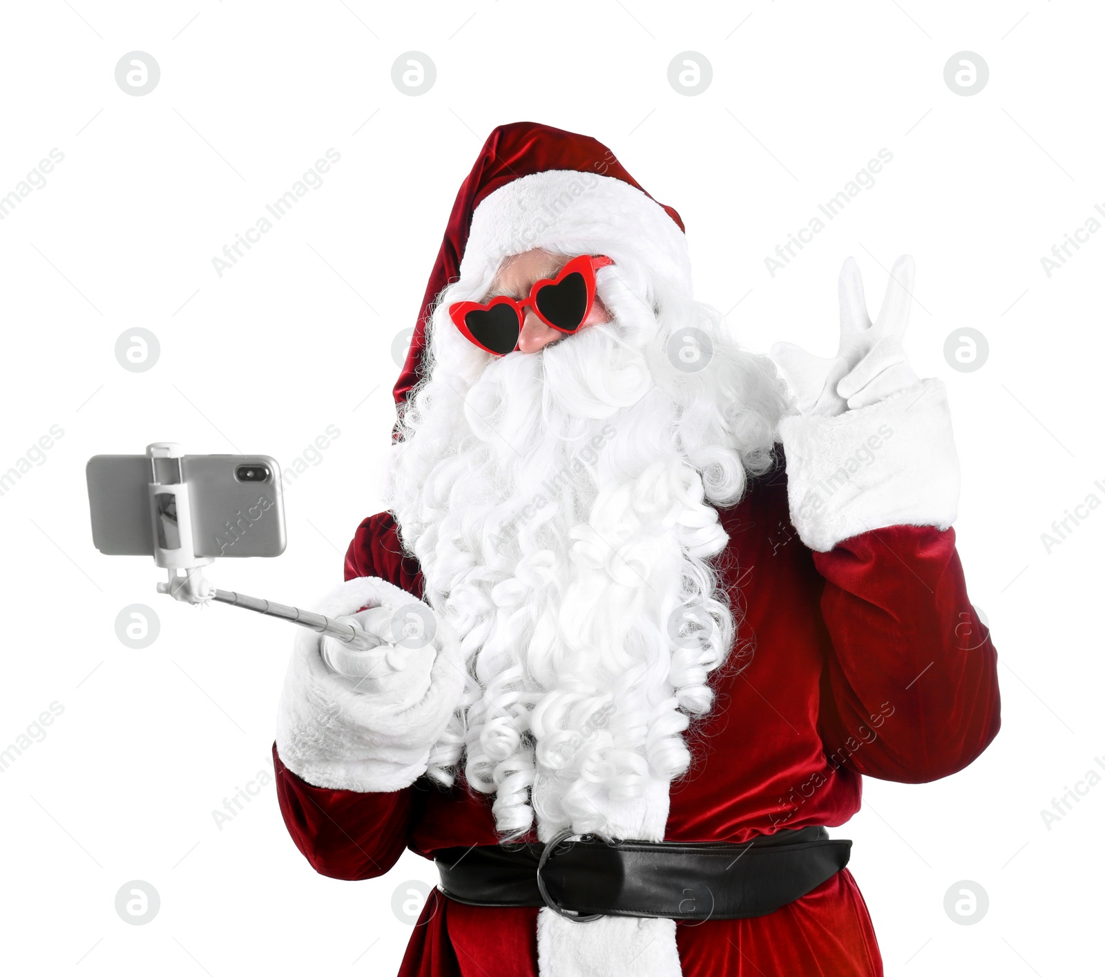 Photo of Authentic Santa Claus taking selfie on white background