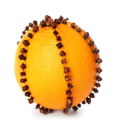 Photo of Pomander ball made of fresh orange and cloves isolated on white