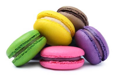 Photo of Different delicious colorful macarons on white background