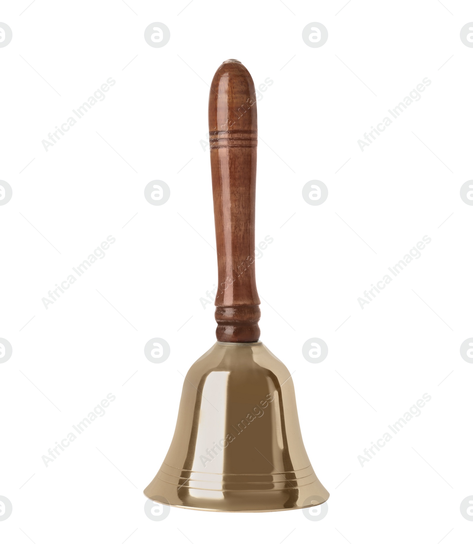 Photo of Golden school bell with wooden handle isolated on white