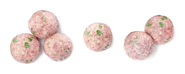 Set with fresh raw meatballs on white background, top view. Banner design