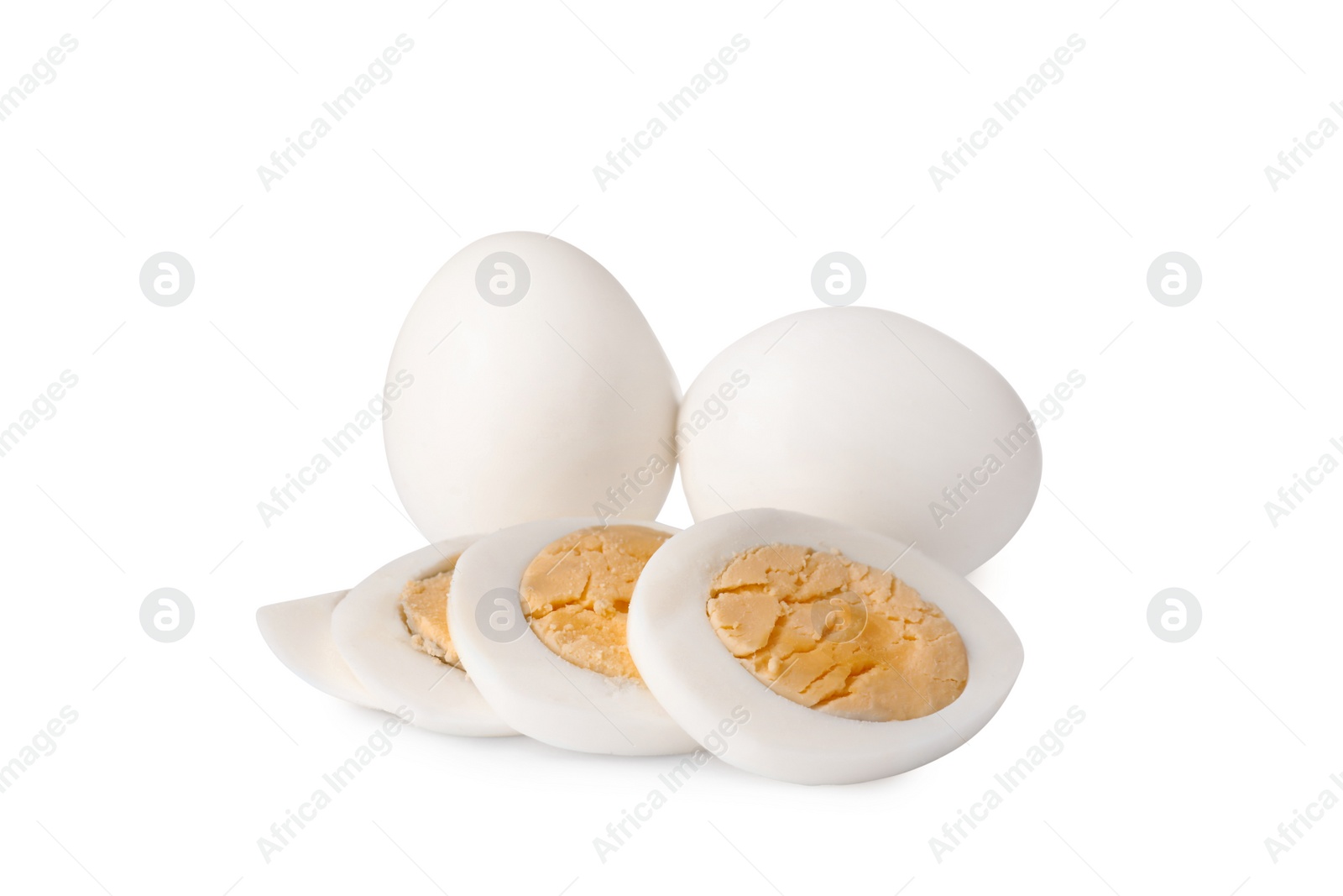 Photo of Fresh peeled hard boiled eggs on white background