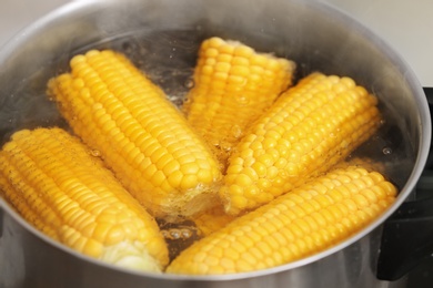 Photo of Stewpot with boiling water and corn cobs, closeup