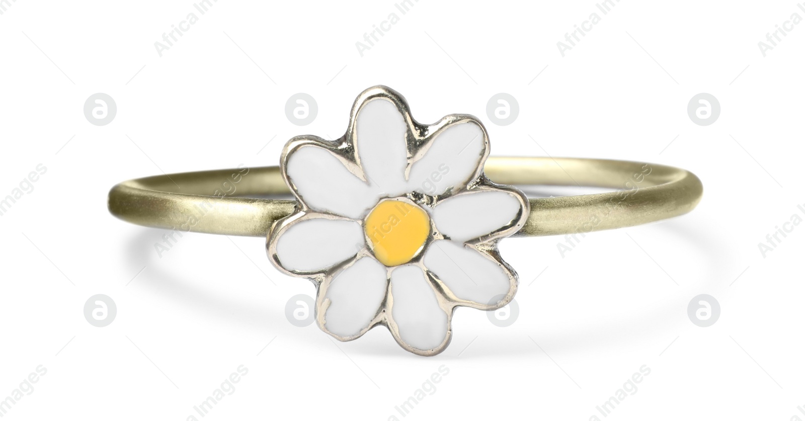 Photo of Beautiful decorative ring with flower for table setting isolated on white