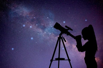 Image of Astronomy. Little girl looking through telescope at starry night outdoors. Space for text