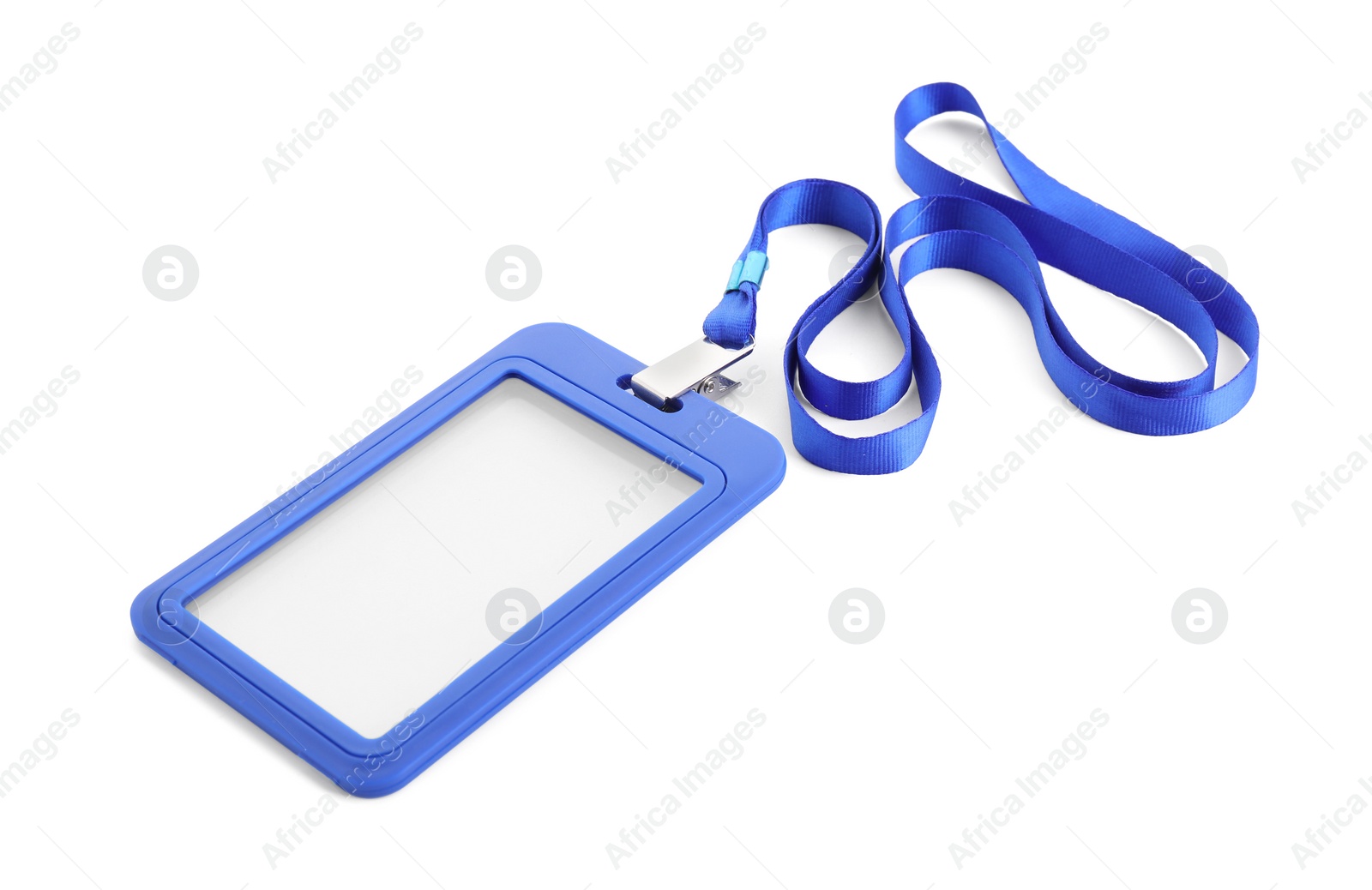 Photo of Blank blue badge with string isolated on white