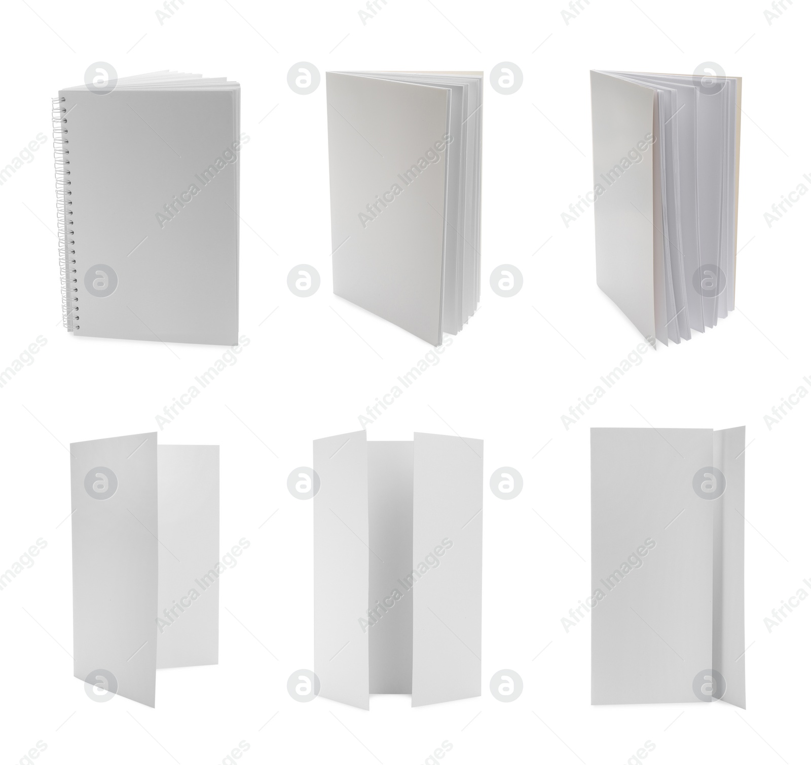 Image of Set with blank paper brochures on white background. Mockup for design