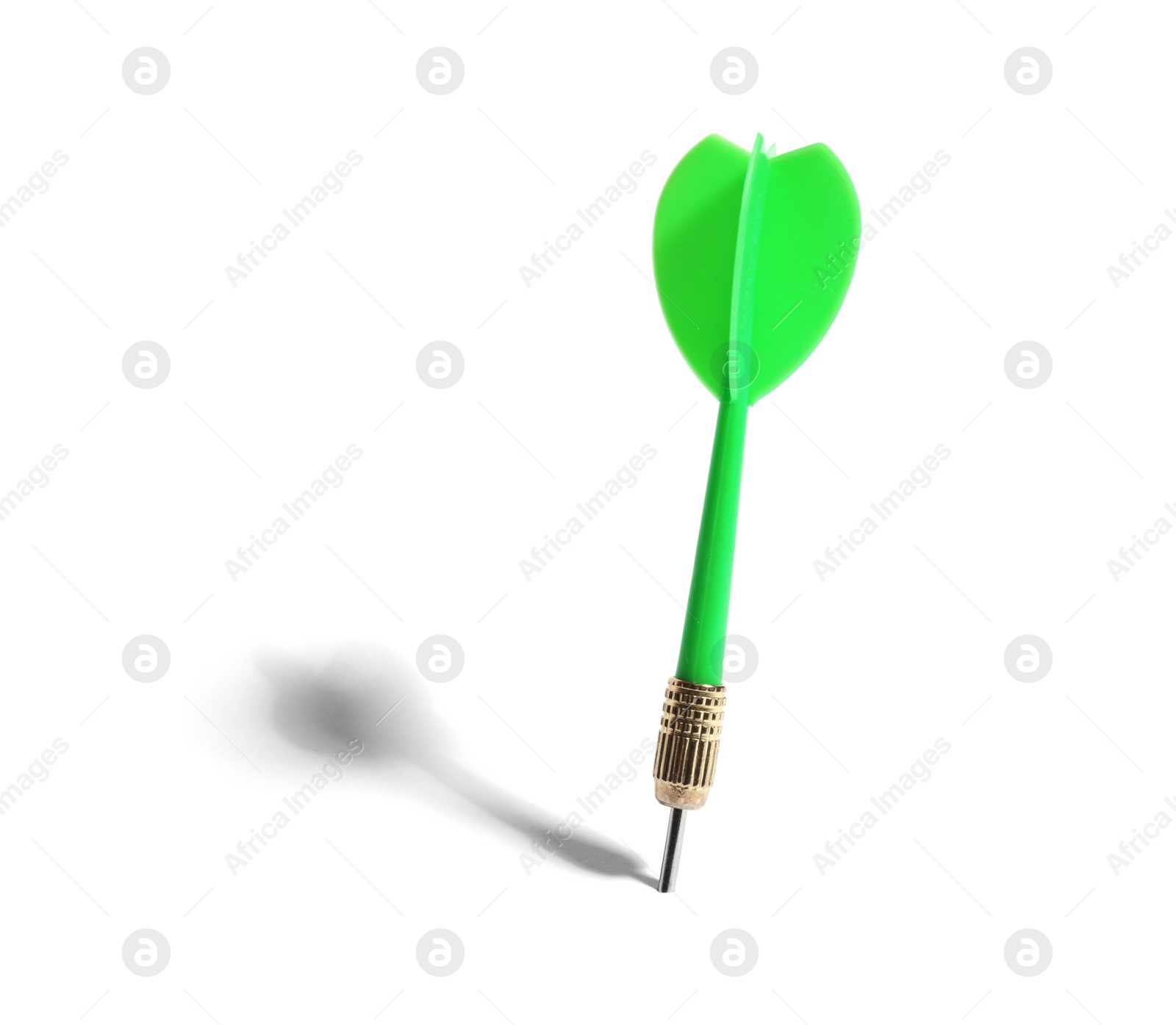 Photo of Green dart arrow for game on white background