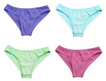 Set of women's underwear on white background