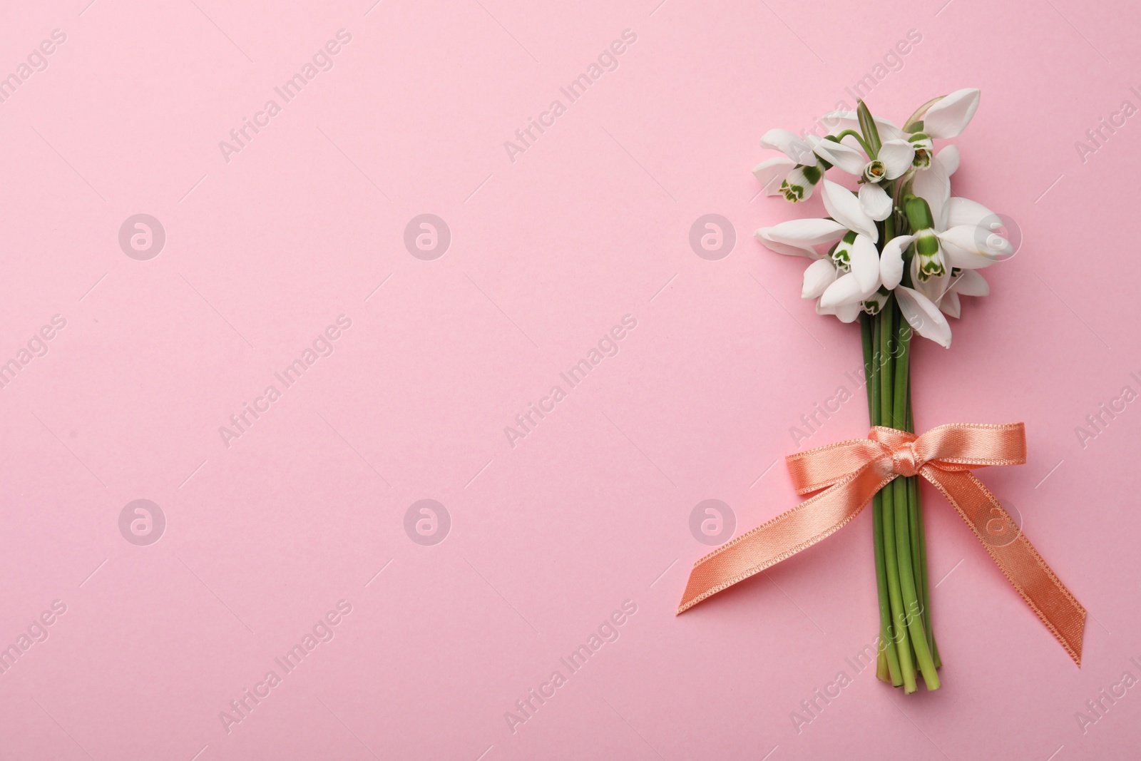 Photo of Beautiful bouquet of snowdrops on pink background, top view. Space for text