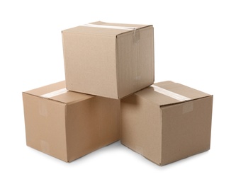 Photo of Cardboard boxes on white background. Mockup for design