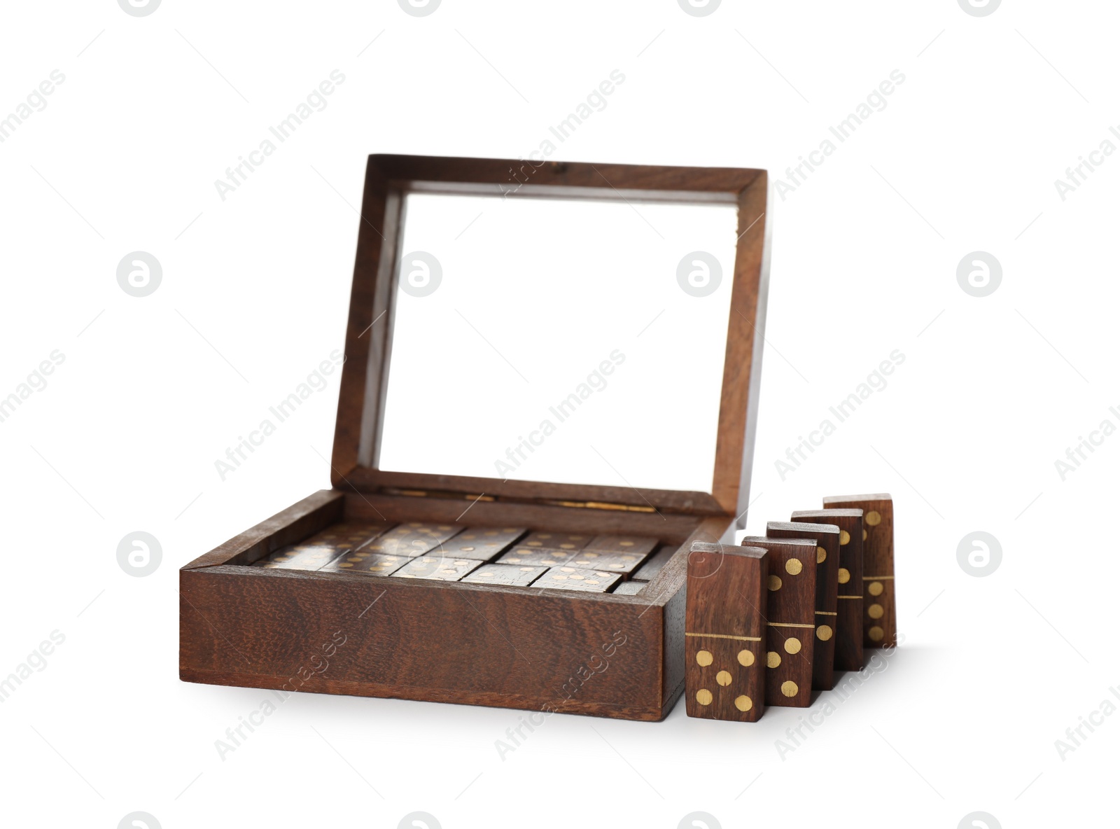 Photo of Dominoes set on white background. Board game