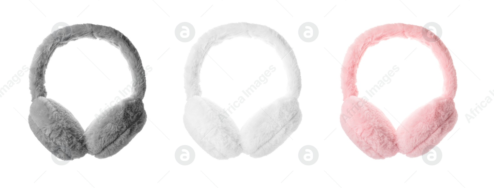 Image of Set with different soft earmuffs on white background