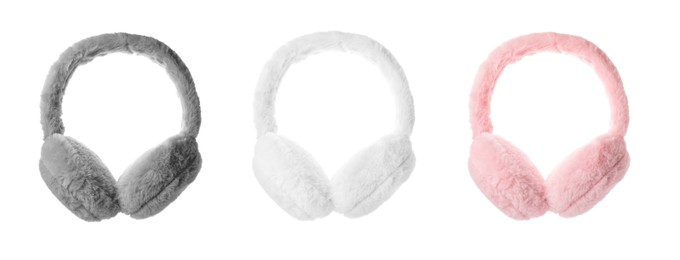 Image of Set with different soft earmuffs on white background
