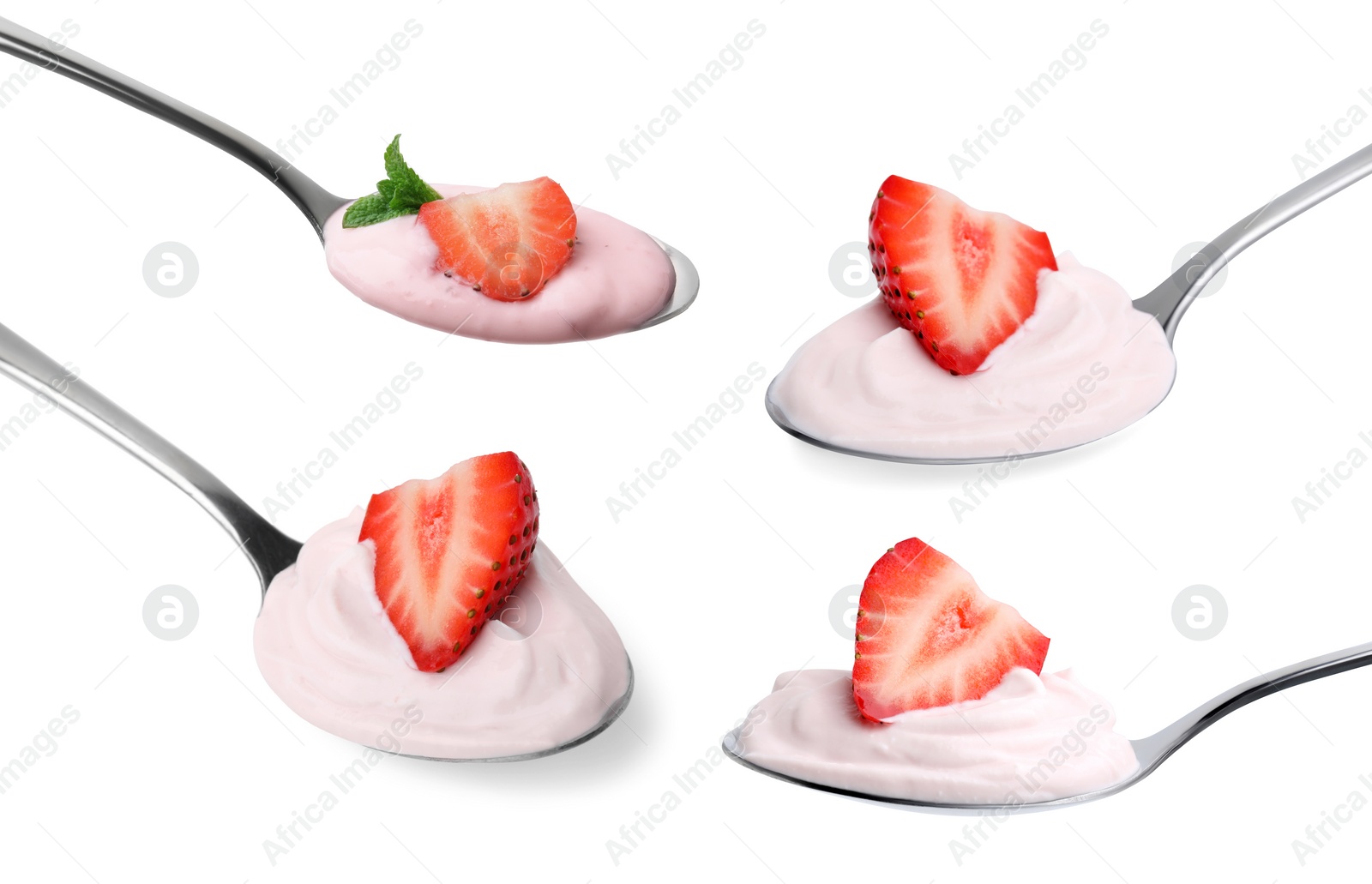 Image of Delicious yogurt with strawberries in spoons isolated on white, set